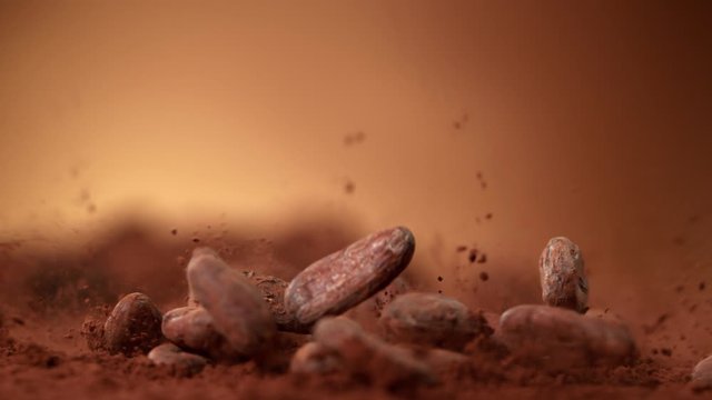 Super Slow Motion Shot of Raw Chocolate Beans Falling into Cocoa Powder at 1000fps.