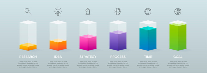 Fototapeta 3d isometric Concept of arrow business model with 6 successive steps. Six colorful graphic elements. Timeline design for brochure, presentation. Infographic design layout obraz