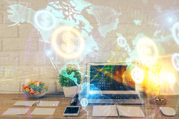 Financial chart drawing and table with computer on background. Double exposure. Concept of international markets.