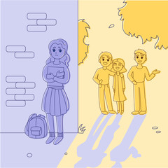 Social anxiety, social phobia, teenager hiding behind wall