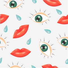Abstract pattern with eyes and red lips.