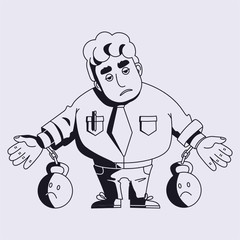 Office worker's hands are shackled, professional burnout, depression, burnout syndromes. Vector illustration, cartoon character.