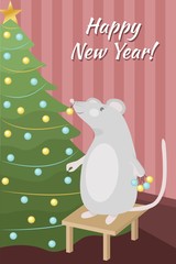 Cute Christmas card with a mouse that decorates the Christmas tree. Happy New Year. 