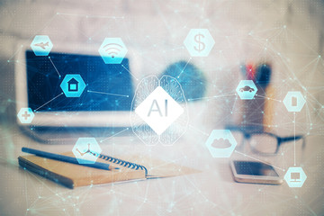 Double exposure of desktop computer and technology theme hologram. Concept of software development.