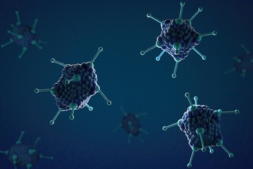 3d illustration, close up of microscope Adoeno Virus on a blue background