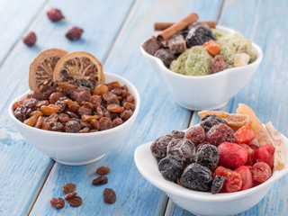 dried fruits in a white plate on a blue wooden background.