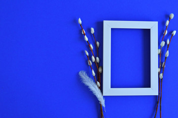 White photo frame and pussy willow branches with catkins on a classik blue background. Easter Postcard Template