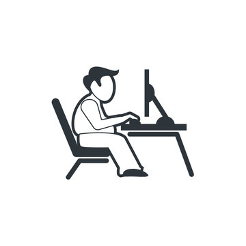 Sitting adult illustrative logo design - young male vector human searing sit body male in front of computer posing - bad posture therapeutic