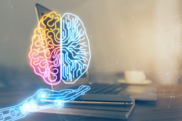 Multi exposure of work table with computer and brain hologram. Brainstorm concept.