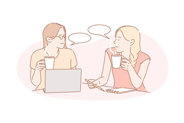 Communication, coworking, friendship concept. Businesswoman communicate with other one. Two girls coworkers on business project in office. Real friendship between two women. Simple flat vector