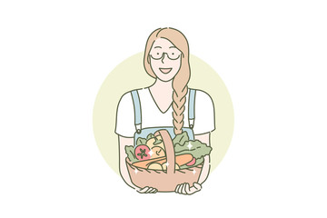 Harvesting, farmer, eco vegan food concept. Happy woman holds basket of vegetarian food. Basket of vegetables was brought by girl from harvesting. Farmer likes healthy nutrition. Simple flat vector