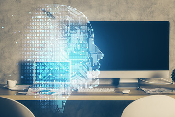 Double exposure of work table with computer and brain sketch hologram. Brainstorming concept.