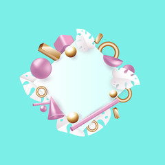 3d rendered illustration with flying geometric shapes and tropical leaves. Background for product design or text presentation layout.EPS 10 illustration.