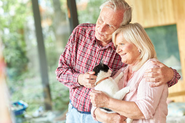 Glückliches Paar Senioren mit Katze auf dem Arm