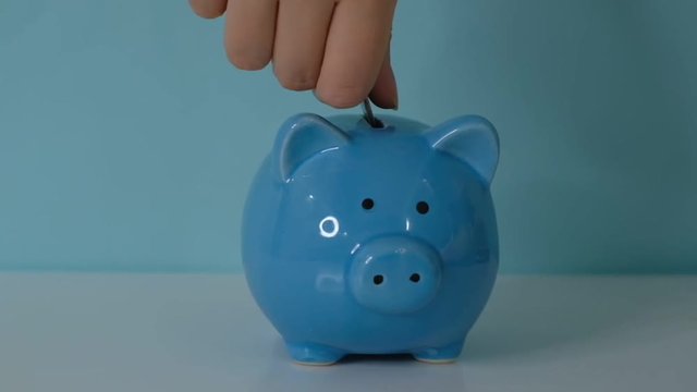 piggy bank business concept. A hand is putting a coin in a piggy bank on a blue background. saving money is an investment for lifestyle the future. Banking investment.