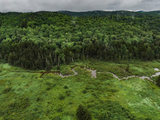 Aerial photography of the Green Mountains of Vermont, USA. Shot was taken in the early morning and includes the untamed wilderness, endless woods and a foggy scenery in the early morning.