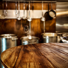 Desk of free space and kitchen interior 