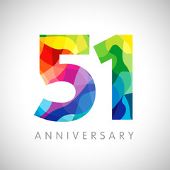 51 st anniversary numbers. 51 years old logotype. Bright congrats. Isolated abstract graphic web design template. Creative 1, 5 3D digits. Up to 51% percent off discount idea. Congratulation concept. - obrazy, fototapety, plakaty