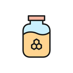 Glass jar with honey, beekeeping flat color line icon.