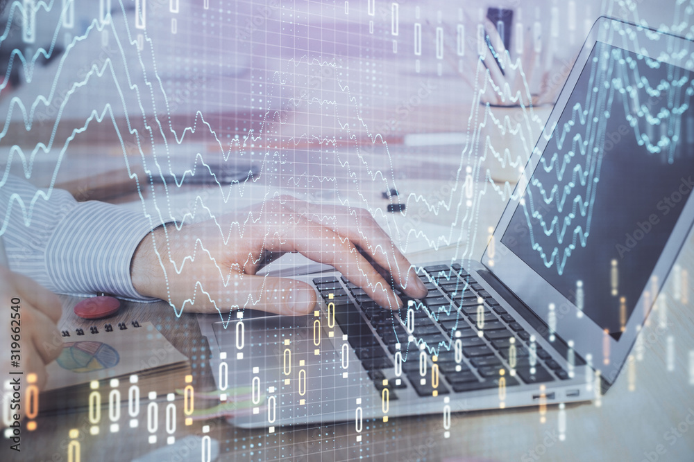 Poster double exposure of stock market graph with man working on laptop on background. concept of financial