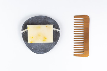 Eco natural and biologic soap and solid shampoo bars. Zero waste concept. Plastic free. Flat lay, top view