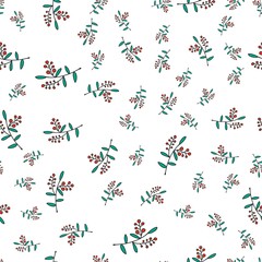 Seamless pattern with hand-drawn leaves. tender green twigs with red berries.Decorative background. Vector illustration. For printing cups, textiles, fabric,packaging.