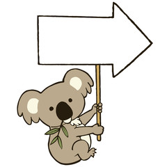 矢印の形のプラカードを持つコアラ　カラー　線あり