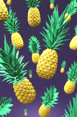 3D-illustration of flying pineapples against purple background.