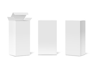 Realistic cardboard boxes mockup set. Cosmetic or medical blank white packaging front and perspective views. Vector illustration