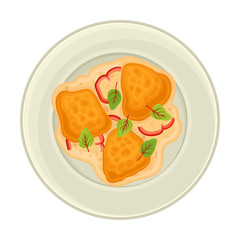 Omelette with Bread Slices and Vegetables Served on Plate Top View Vector Illustration
