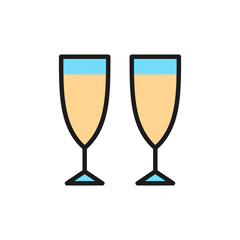 Vector champagne glasses flat color line icon.