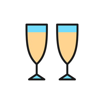 Vector champagne glasses flat color line icon.