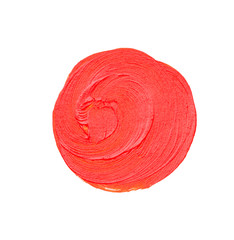 A round spot of scarlet paint. Bright acrylic paint. Brush stroke texture isolated on white