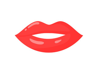 Parted, shiny female lips in red lipstick. Vector illustration.