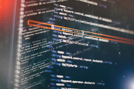 Monitor closeup of function source code. Abstract IT technology background. Software source code.