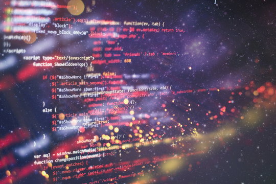 Monitor closeup of function source code. Abstract IT technology background. Software source code.