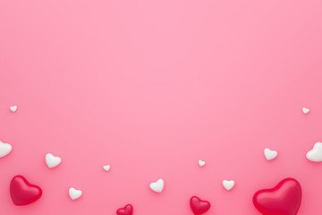 Blank frame and hearts pattern on pink background with Happy valentine day. Beautiful mini heart style. 3D rendering.