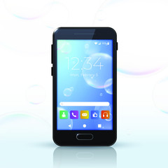 Realistic Black Smartphone with Bubbles Background . Isolated Vector Elements