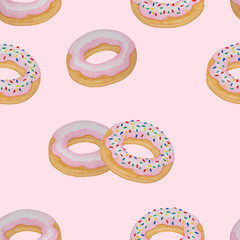 Watercolor hand painting illustration of seamless donuts fired, the round doughnut with strawberry cream melting, colorful sugar candy topping, drawing pattern on pink background