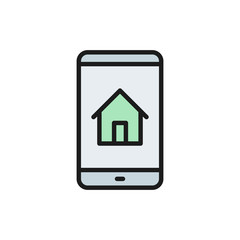 Phone with house, real estate mobile app flat color line icon.