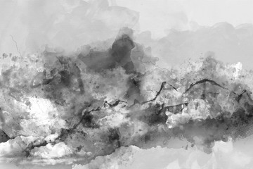 Watercolor background with mountains in fog, mixed media art background