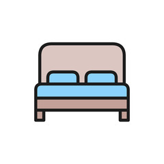 Double bed, hotel room flat color line icon.