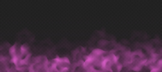 Pink fog or smoke cloud isolated on transparent background. Realistic smog, haze, mist or cloudiness effect. Realistic vector illustration. © Likanaris