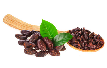 Cacao beans in wooden spoon with two leaves isolated on a white background.