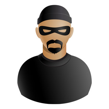 Thief avatar of criminal man in black mask and clothing with a beard and mustache icon