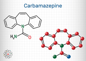Carbamazepine, CBZ, C15H12N2O  molecule. It is anticonvulsant and analgesic drug, used in therapy of epilepsy and trigeminal neuralgia. Sheet of paper in a cage