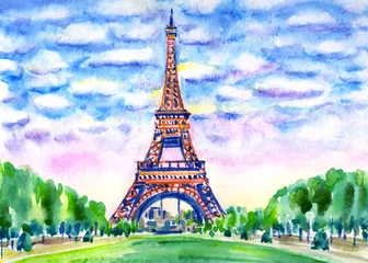 Fotobehang Paris landscape with eiffel tower, watercolor painting, cityscape, sketch. © Ollga P