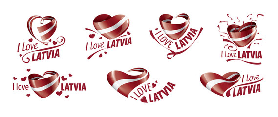 National flag of the latvia in the shape of a heart and the inscription I love latvia. Vector illustration - obrazy, fototapety, plakaty