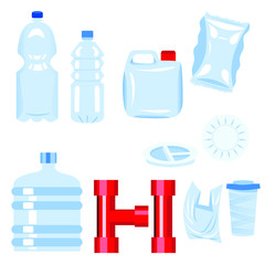 Set of plastic  items. Bottle, plate, glass, tube, 5-gallon bucket, bag, packaging, tunnel, jerrican.  Plastic materials