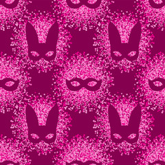 Cotton fabric Seamless background of carnival masks on a dark crimson background. Vector image.